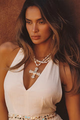 Angelica Gold Pearl Cross Statement Necklace
