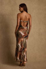Natalia Olive and Rust Abstract Strapless Maxi Dress