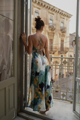 Natalia Blue and Gold Watercolor Maxi Dress