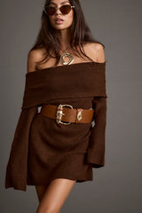 Olivia Cinnamon Off Shoulder Sweater Mini Dress