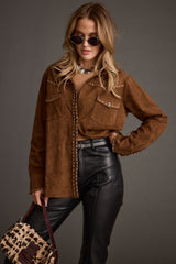 Rustic Pines Brown Suede Button Down Top