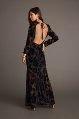 Angela Black Velvet Burnout Long Sleeve Maxi Dress