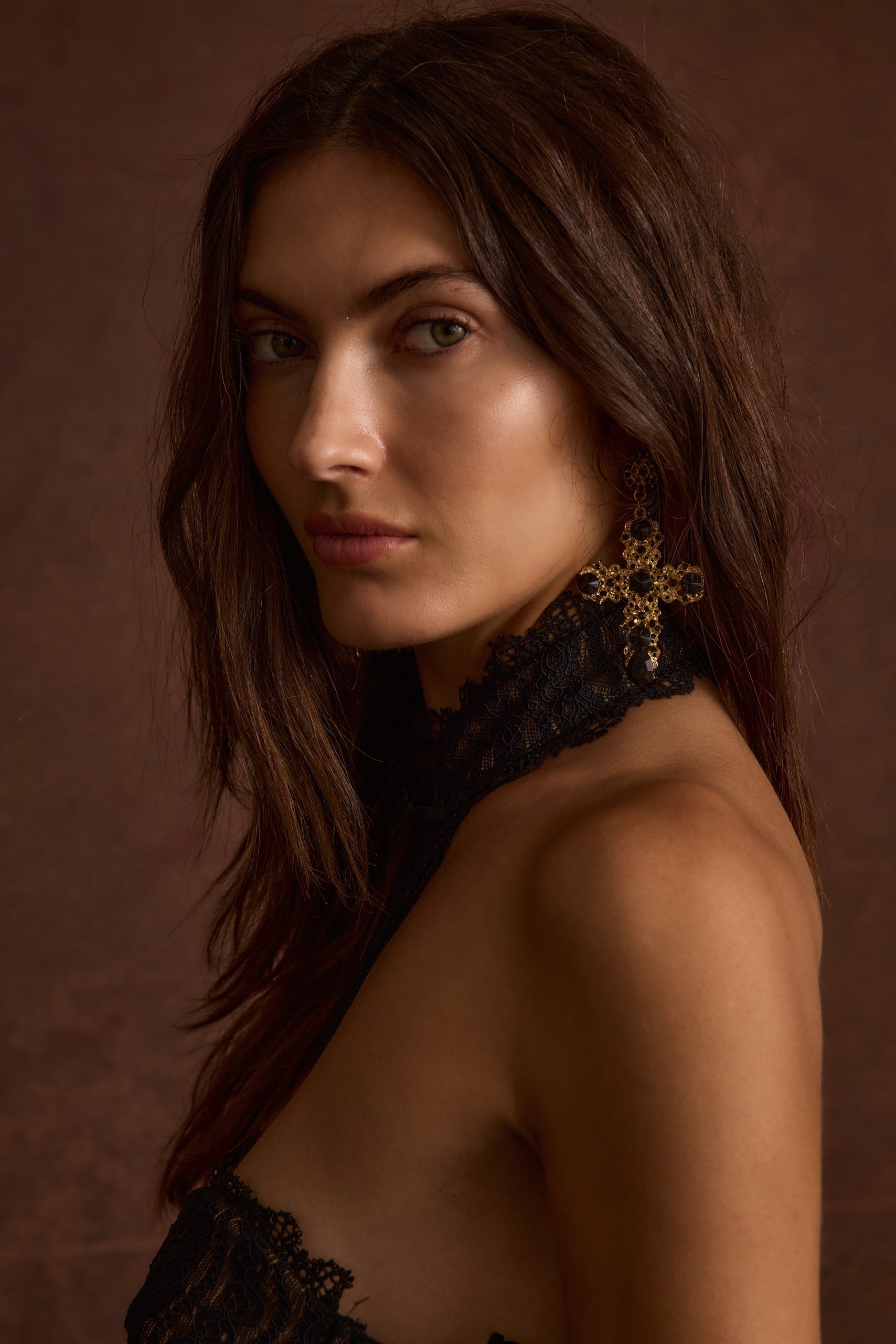Arabella Gold and Black Statement Cross Earrings