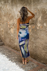Arianna Blue Floral Mesh Midi Dress