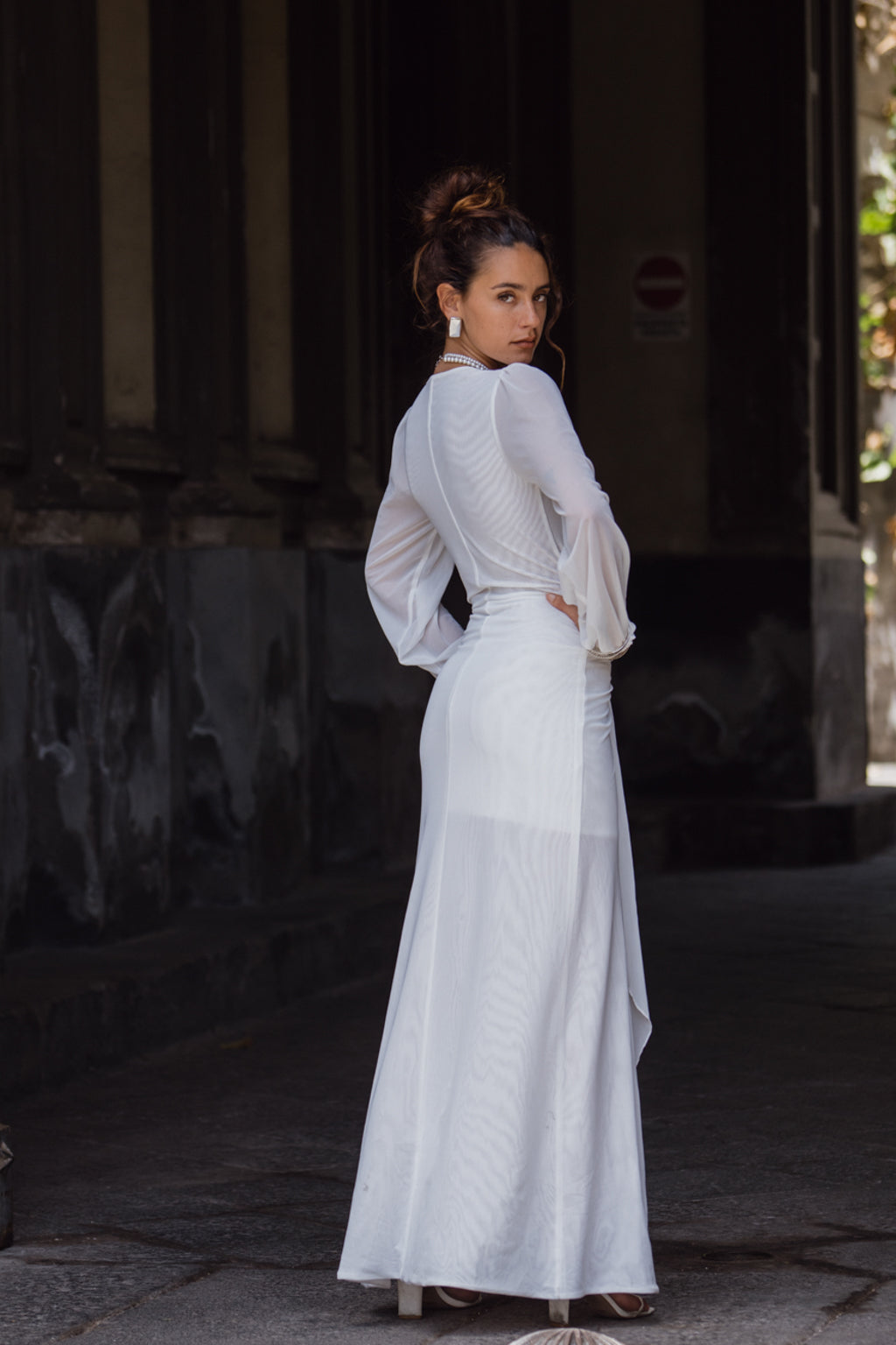 Bella White Mesh Plunge Maxi Dress