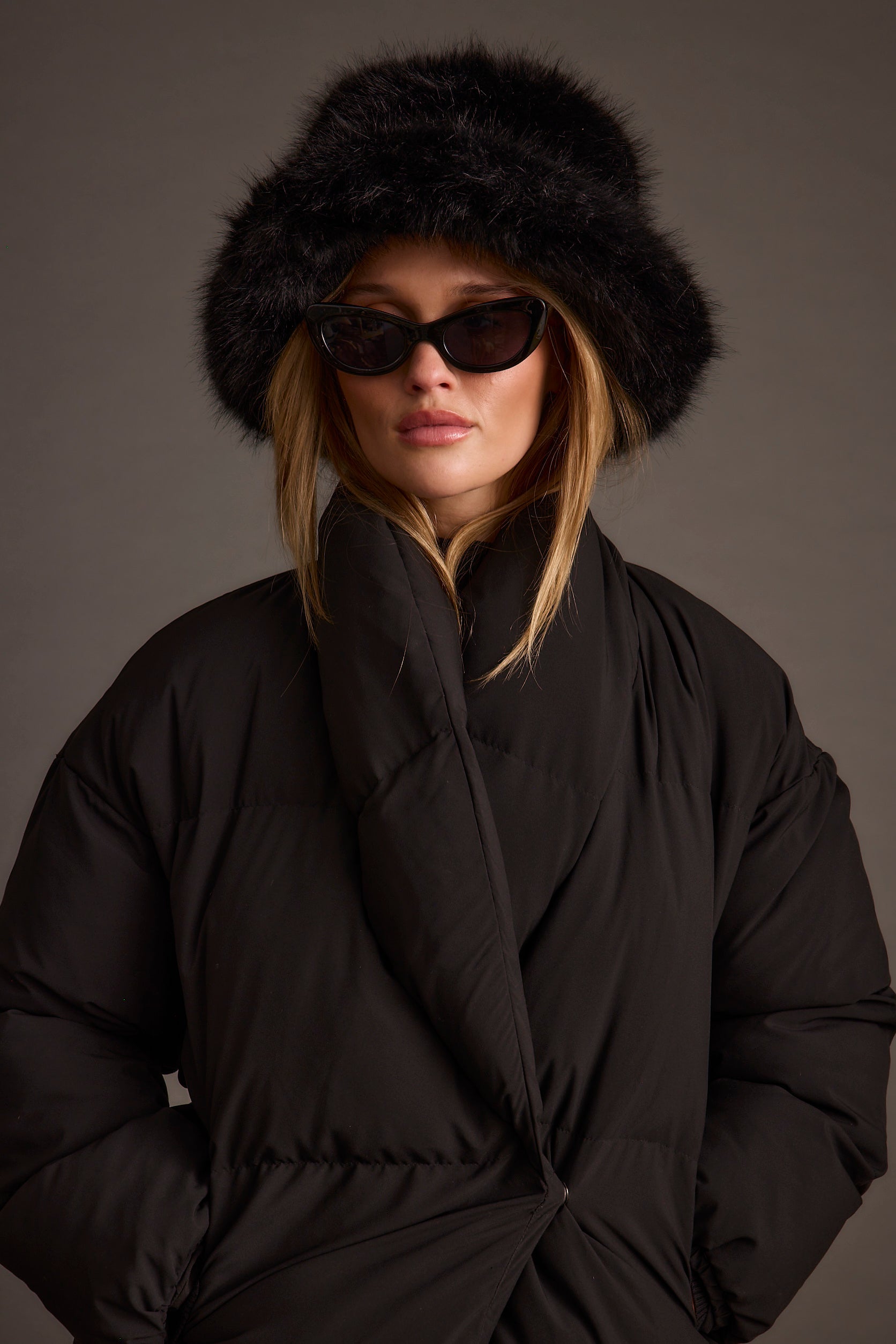 Bucket Down Black Faux Fur Hat
