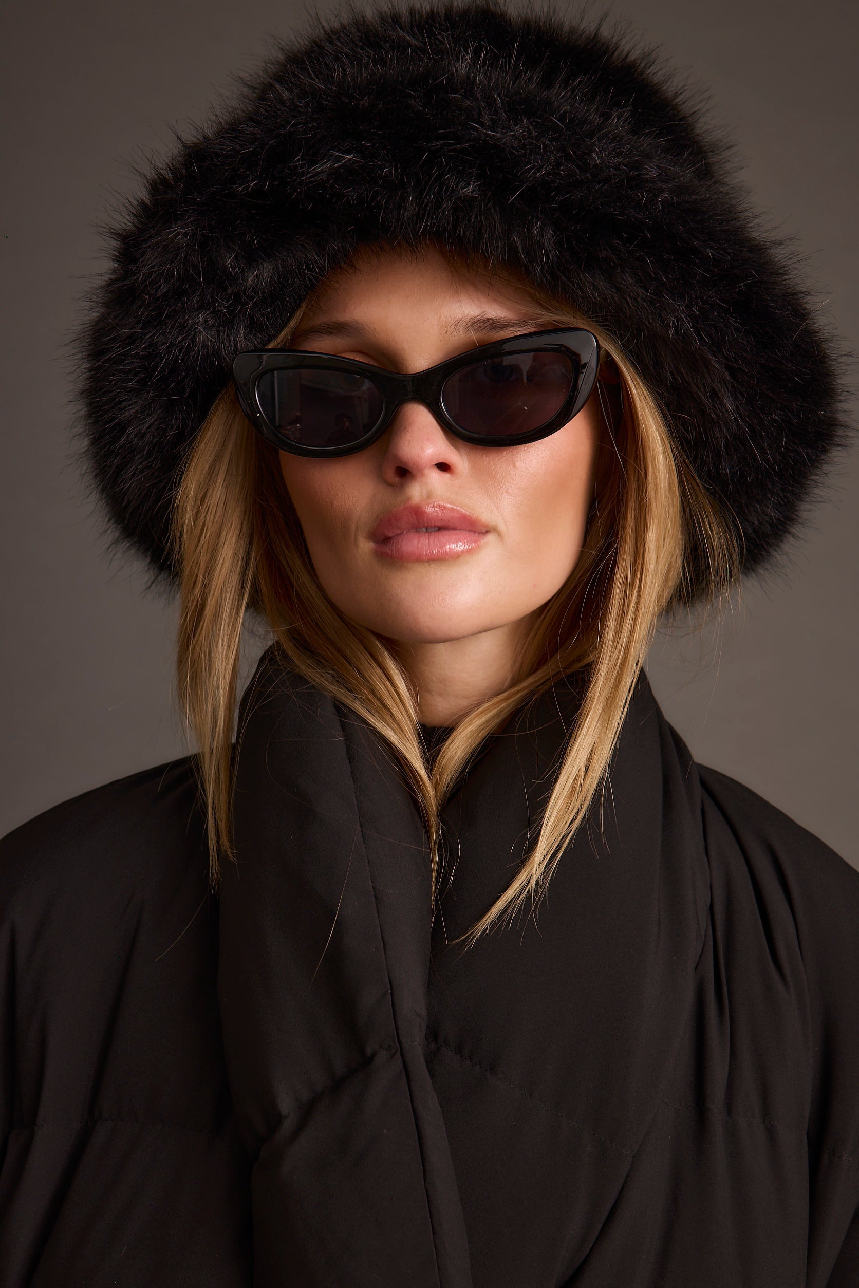 Bucket Down Black Faux Fur Hat
