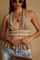 Franca Olive Striped Halter Top