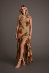 LaBelle Tan Floral Drop Waist Maxi Dress