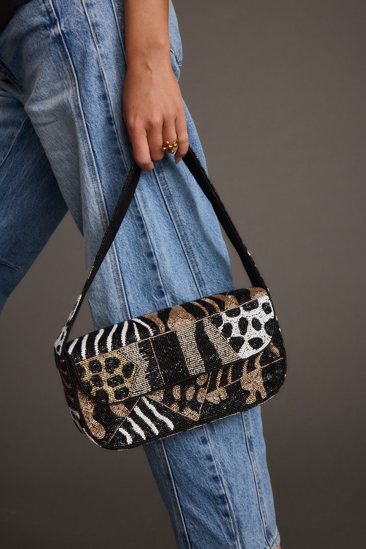 Lucy Black Beaded Animal Printed Bag