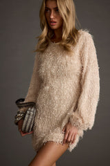 Let's Boogie Cream Long Sleeve Mini Dress