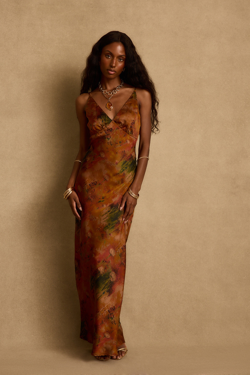 Mirabella Rust Printed Satin Maxi Dress