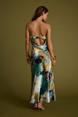Natalia Blue and Gold Watercolor Strapless Maxi Dress