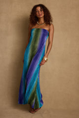 Natalia Blue Striped Strapless Plisse Maxi Dress