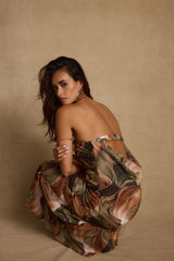Natalia Olive and Rust Abstract Strapless Maxi Dress
