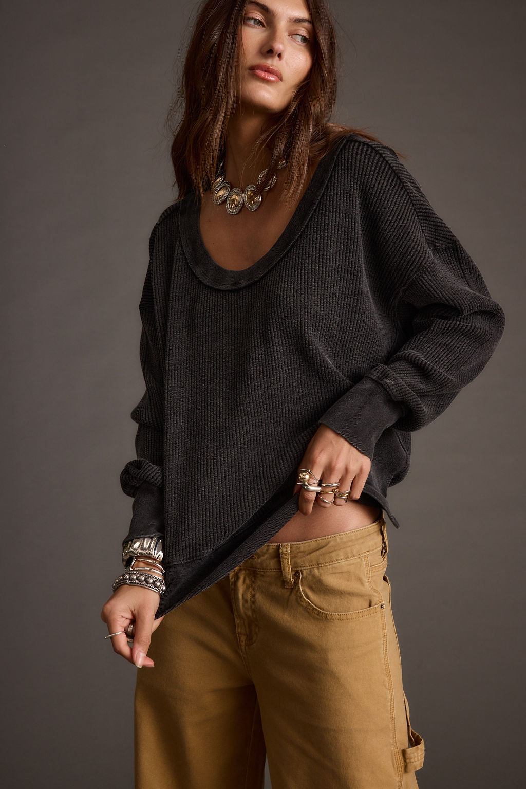 Not Your Ex's Washed Black Waffle Knit Top