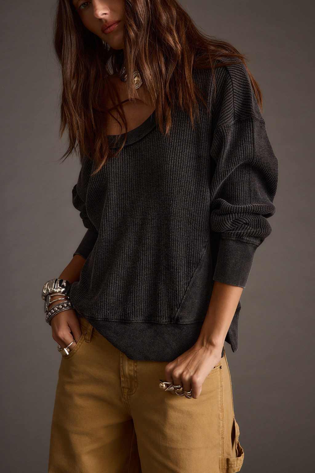 Not Your Ex's Washed Black Waffle Knit Top