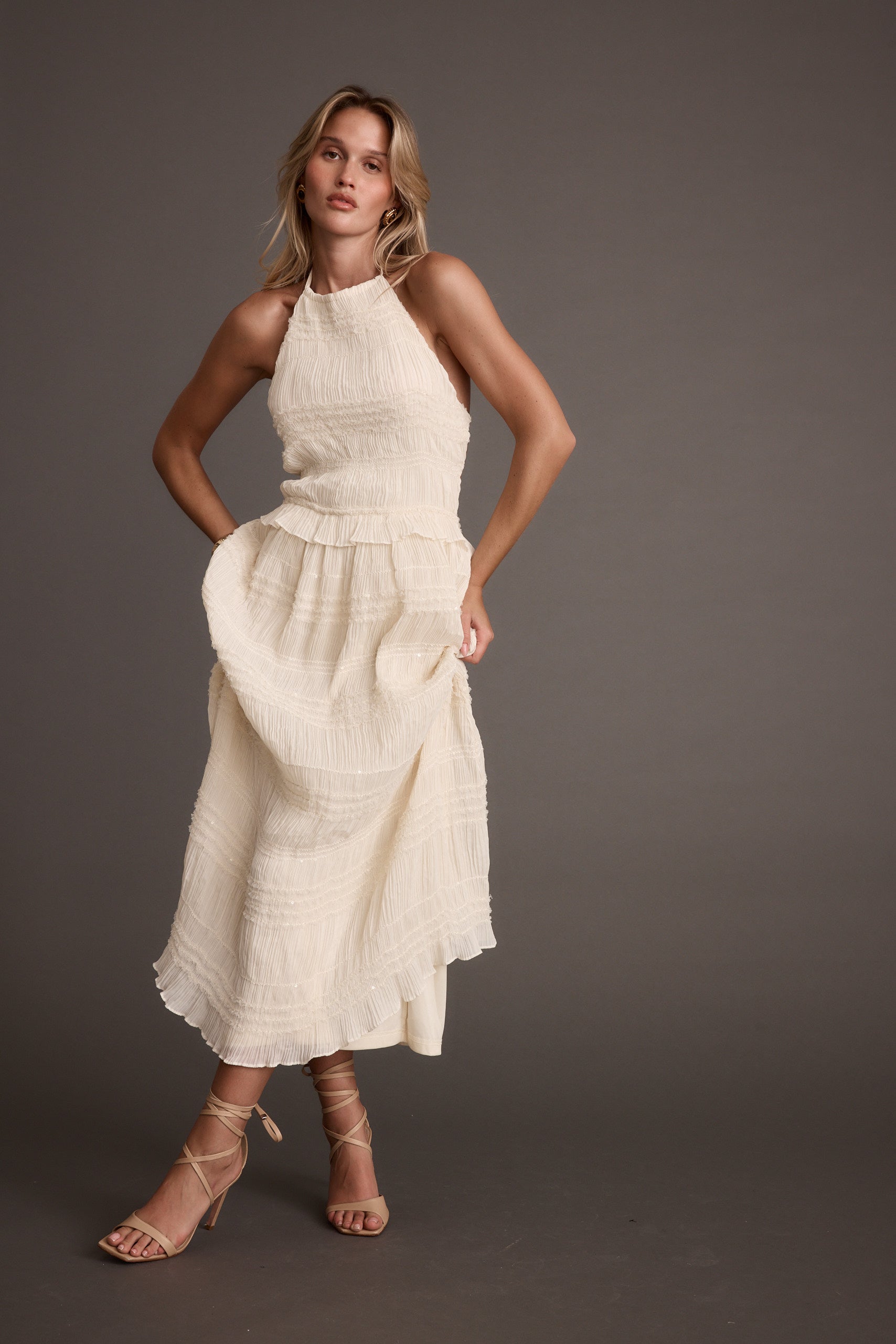 Quinn Ivory High Neck Shimmer Chiffon Maxi Dress