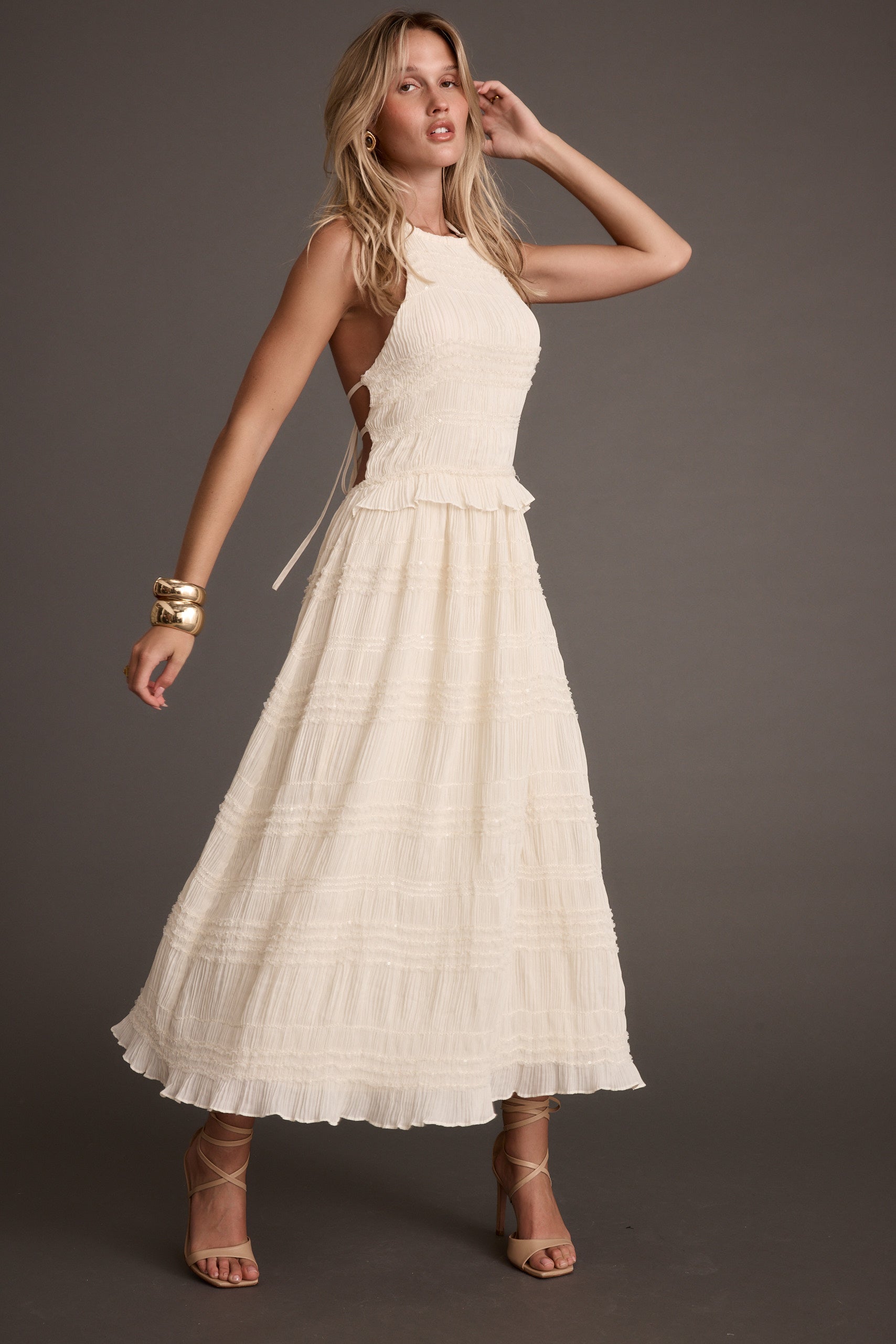 Quinn Ivory High Neck Shimmer Chiffon Maxi Dress