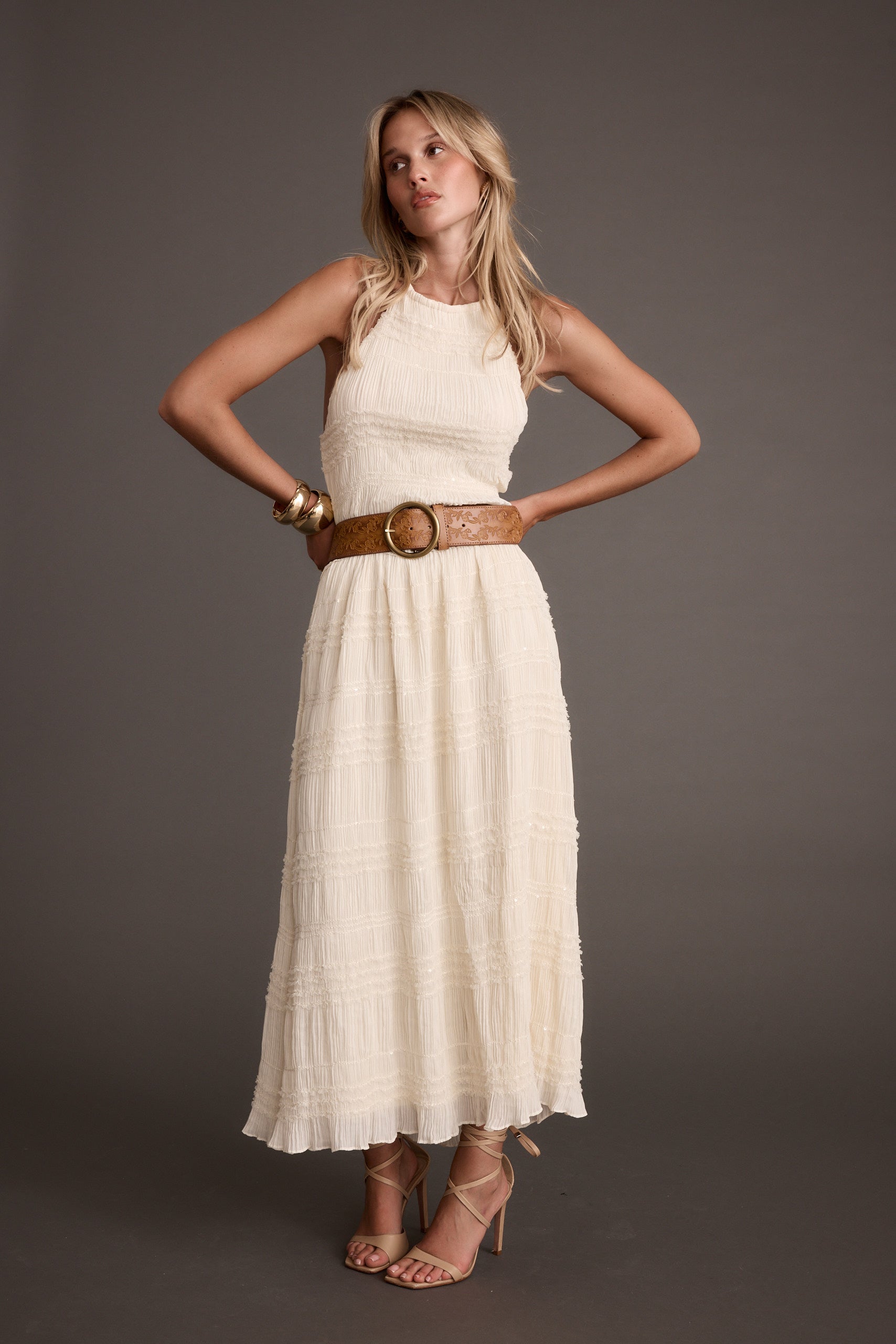 Quinn Ivory High Neck Shimmer Chiffon Maxi Dress