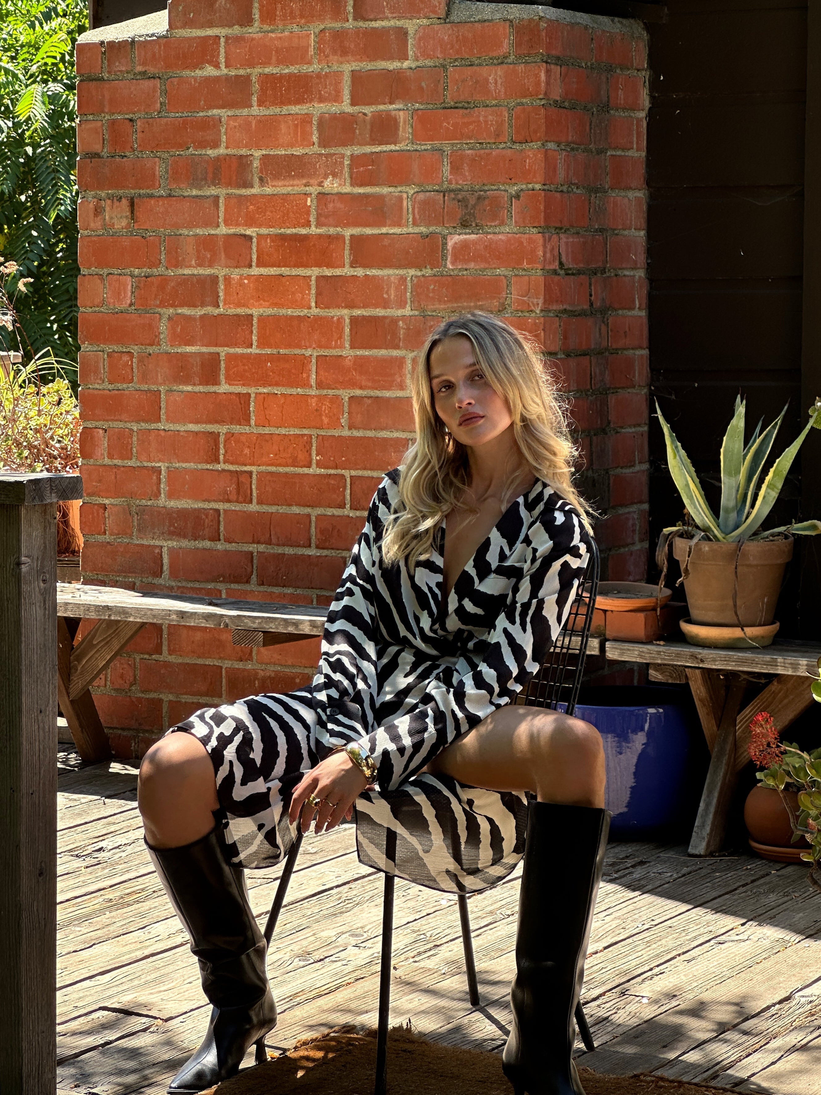 Renna Zebra Long Sleeve Wrap Midi Dress