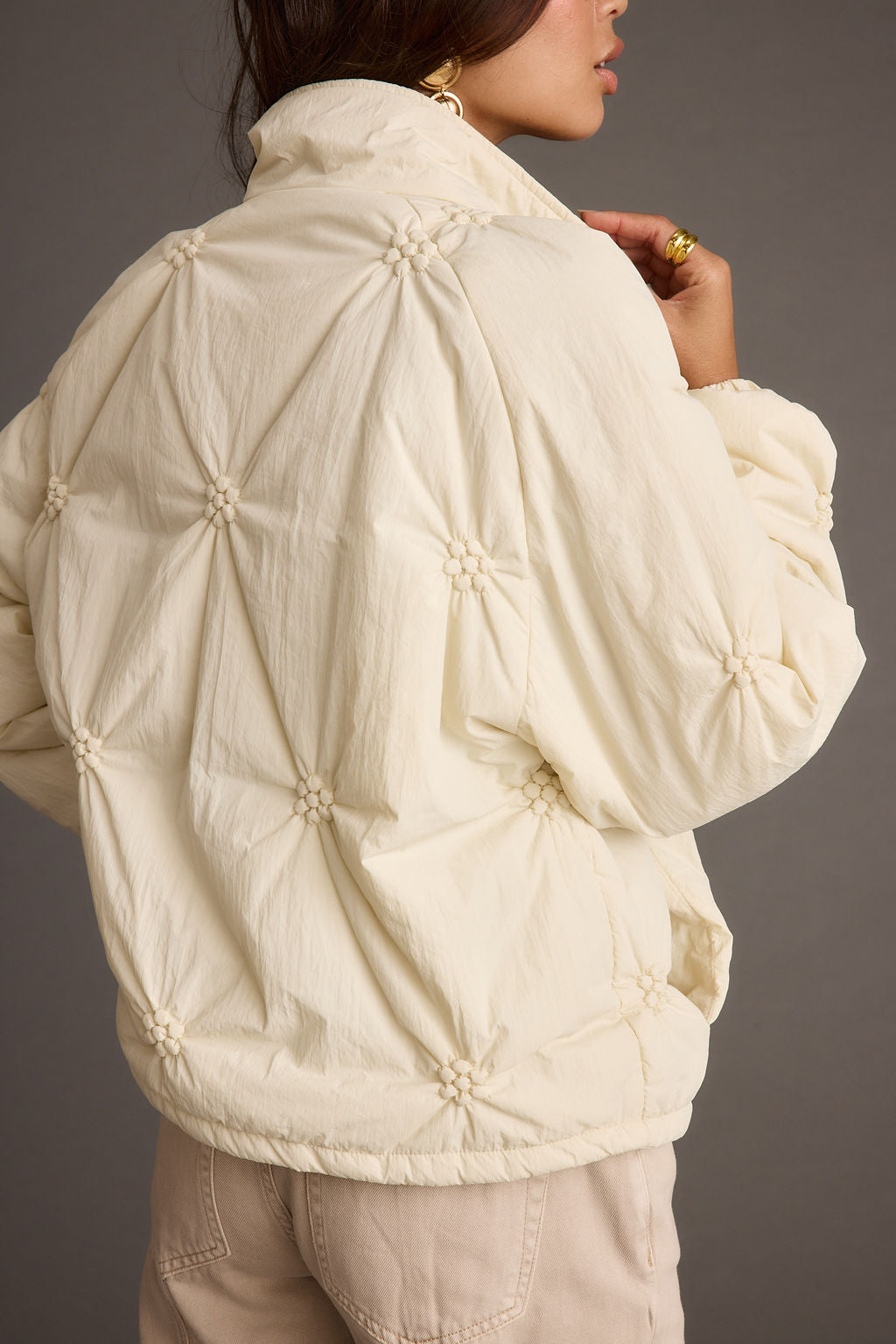 Rosey Cream Zip Front Puffer Coat