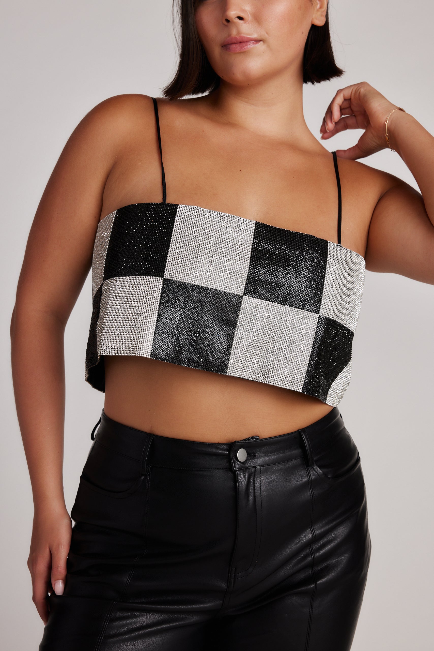 Shira Checkered Rhinestone Crop Top