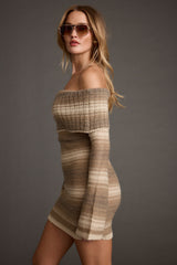 Siena Brown Striped Off the Shoulder Sweater Dress