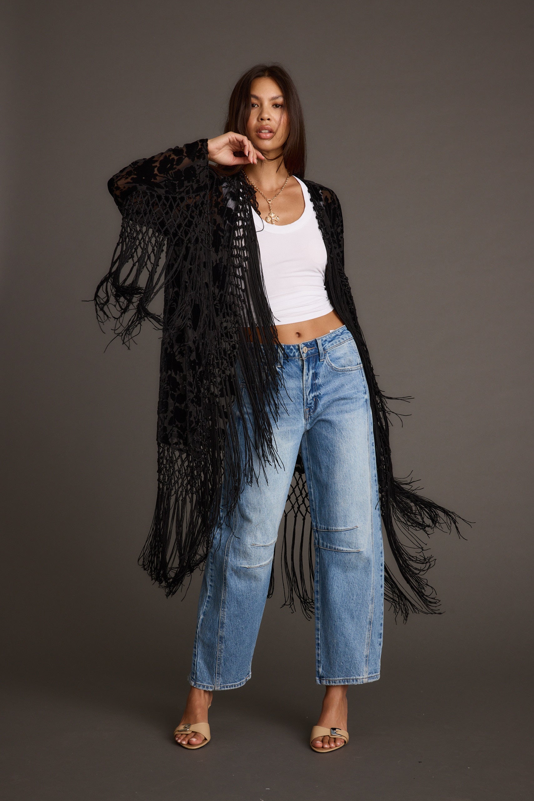 Stone Black Velvet Burnout Kimono