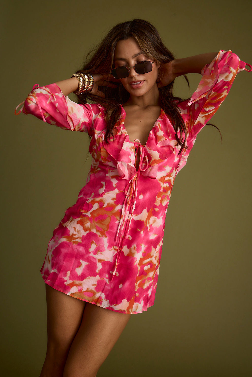 Sydney Hot Pink Long Sleeve Ruffle Dress