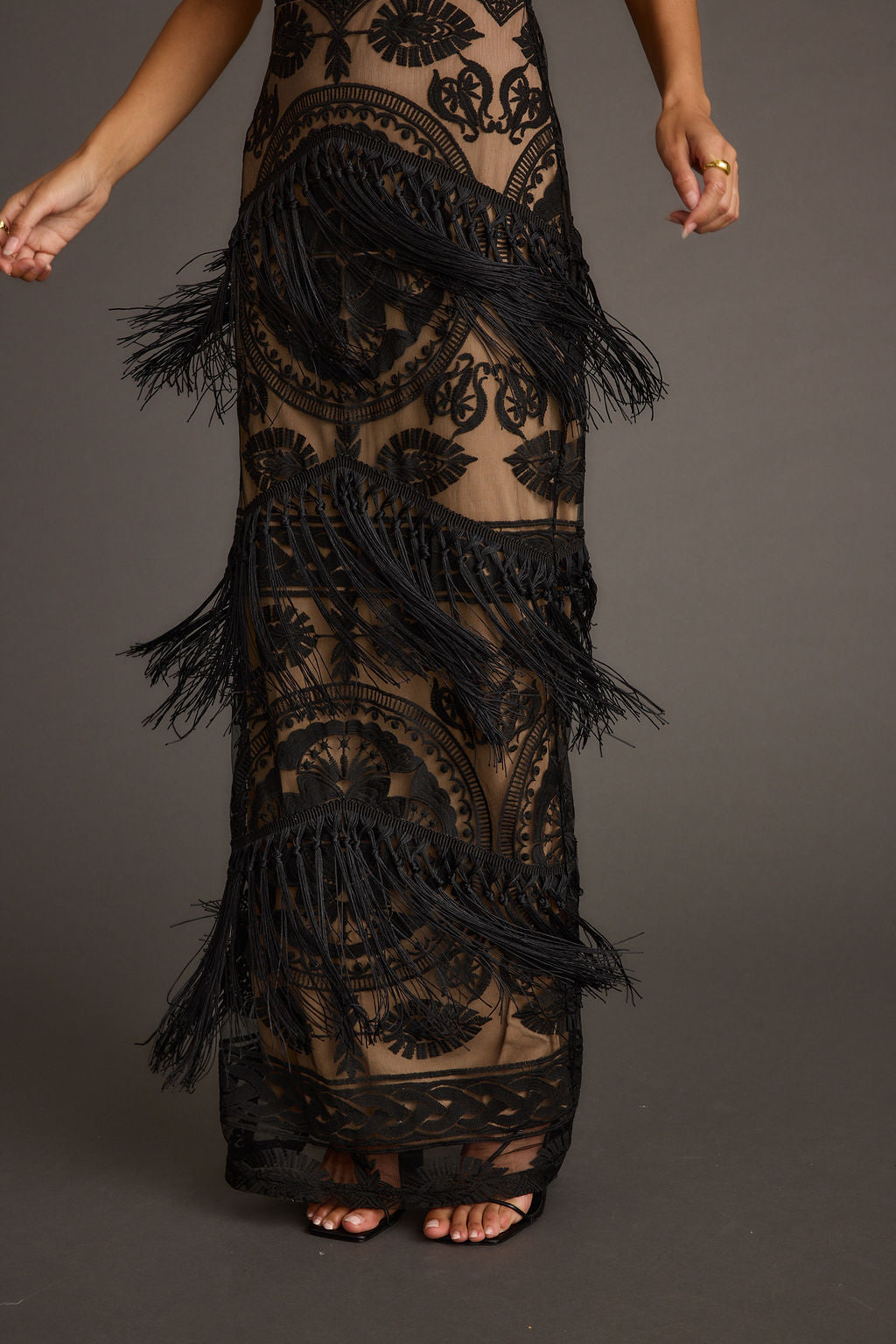 Shadows Black Lace Fringe Maxi Dress