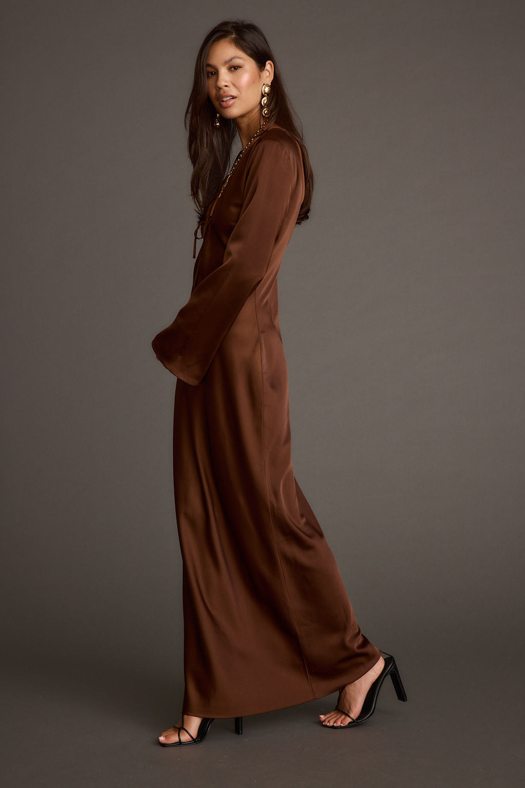 Strokes Mocha Long Sleeve Plunge Satin Maxi Dress
