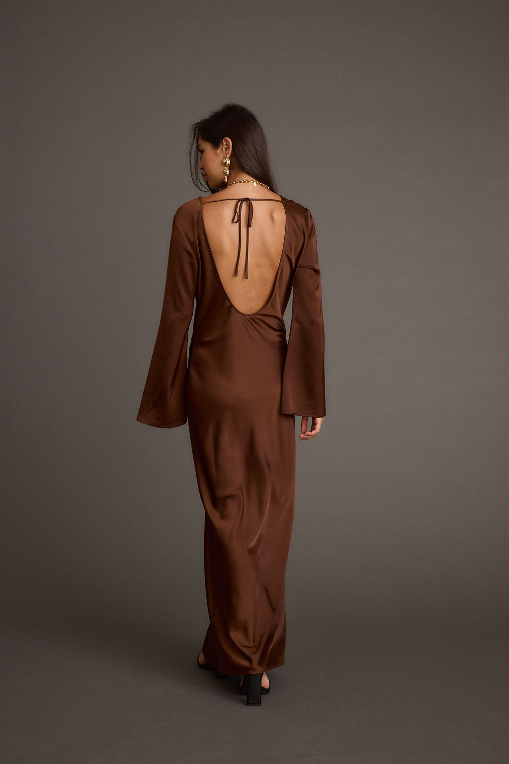 Strokes Mocha Long Sleeve Plunge Satin Maxi Dress