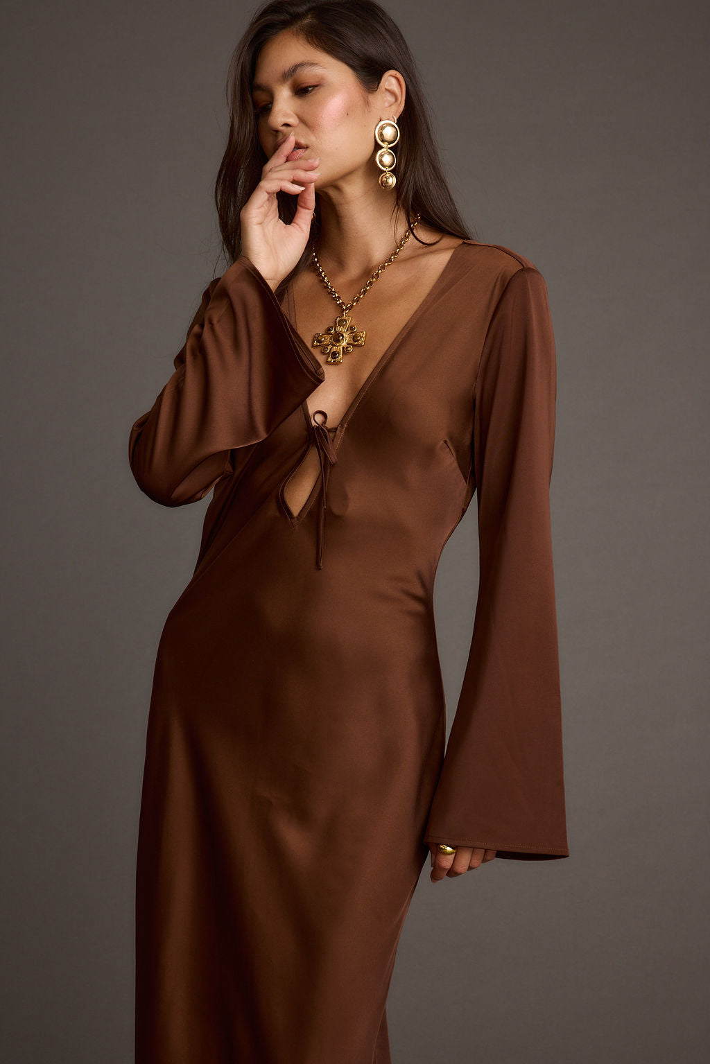 Strokes Mocha Long Sleeve Plunge Satin Maxi Dress