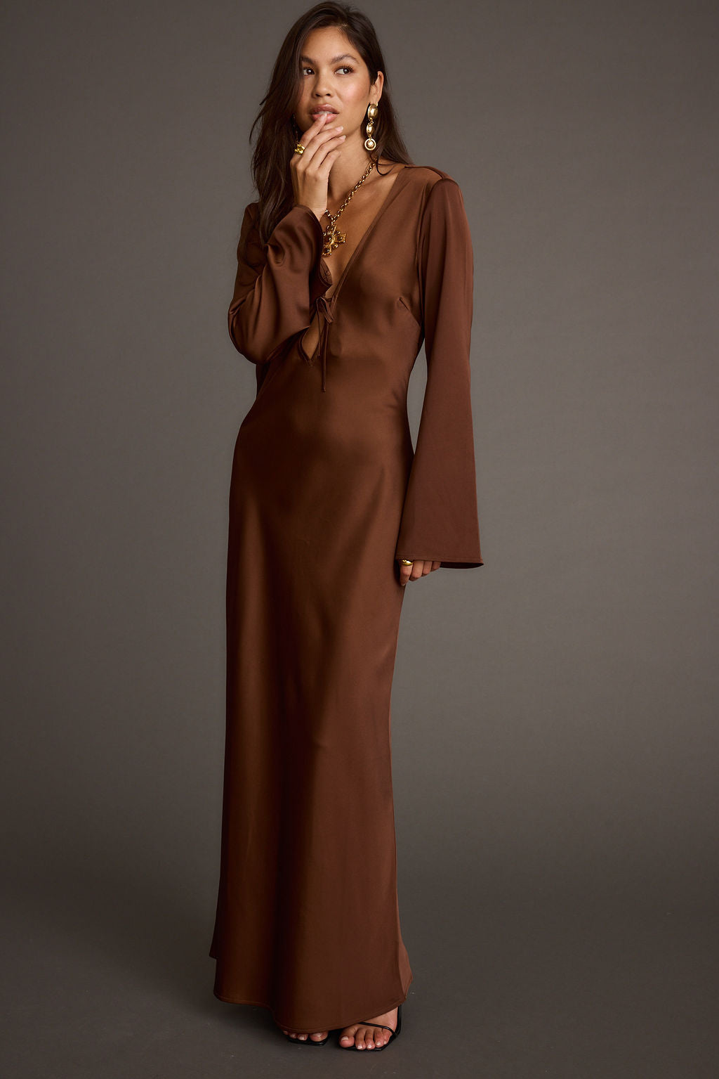 Strokes Mocha Long Sleeve Plunge Satin Maxi Dress