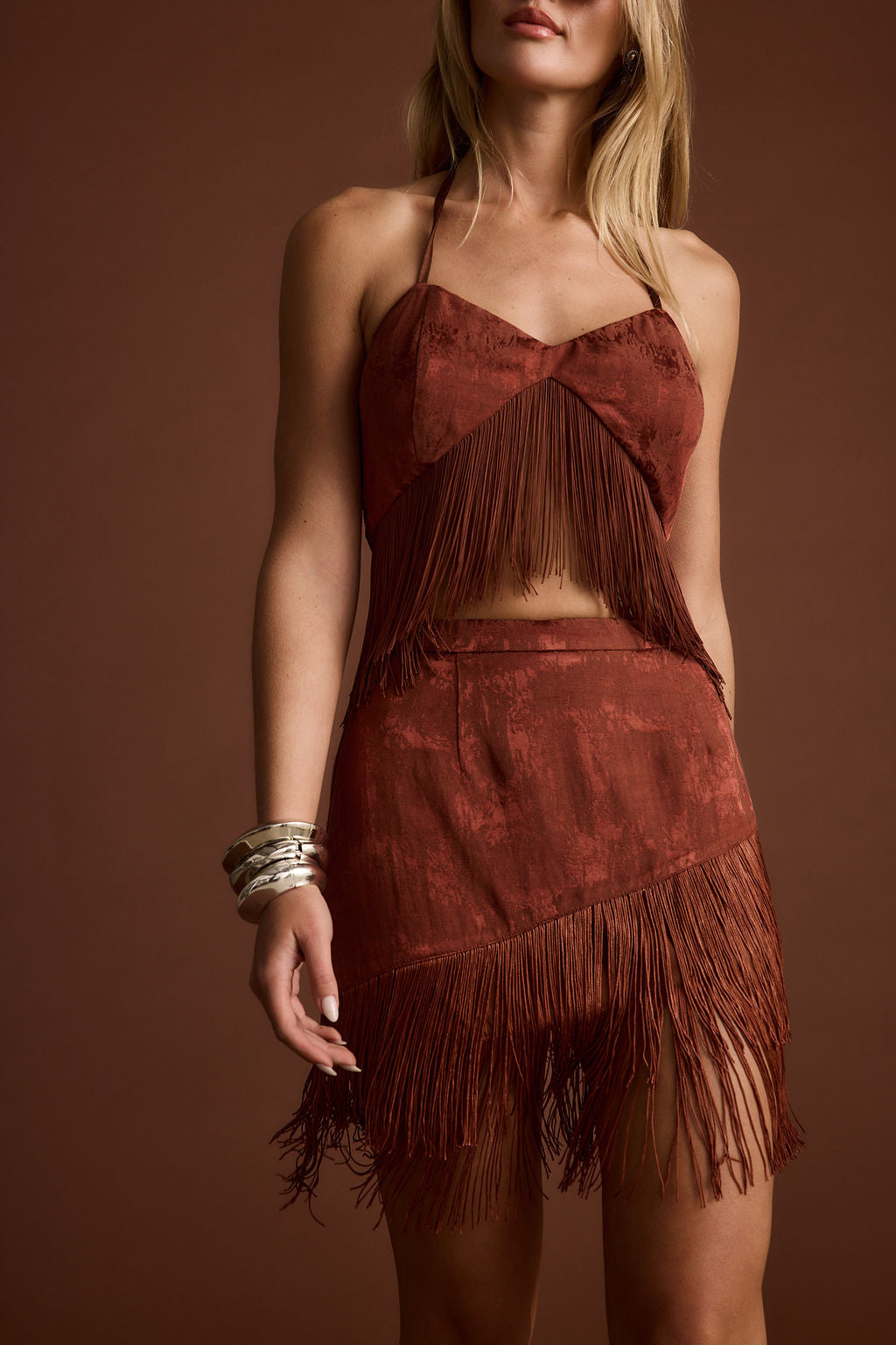 Tamsin Terracotta Jacquard Fringe Mini Skirt