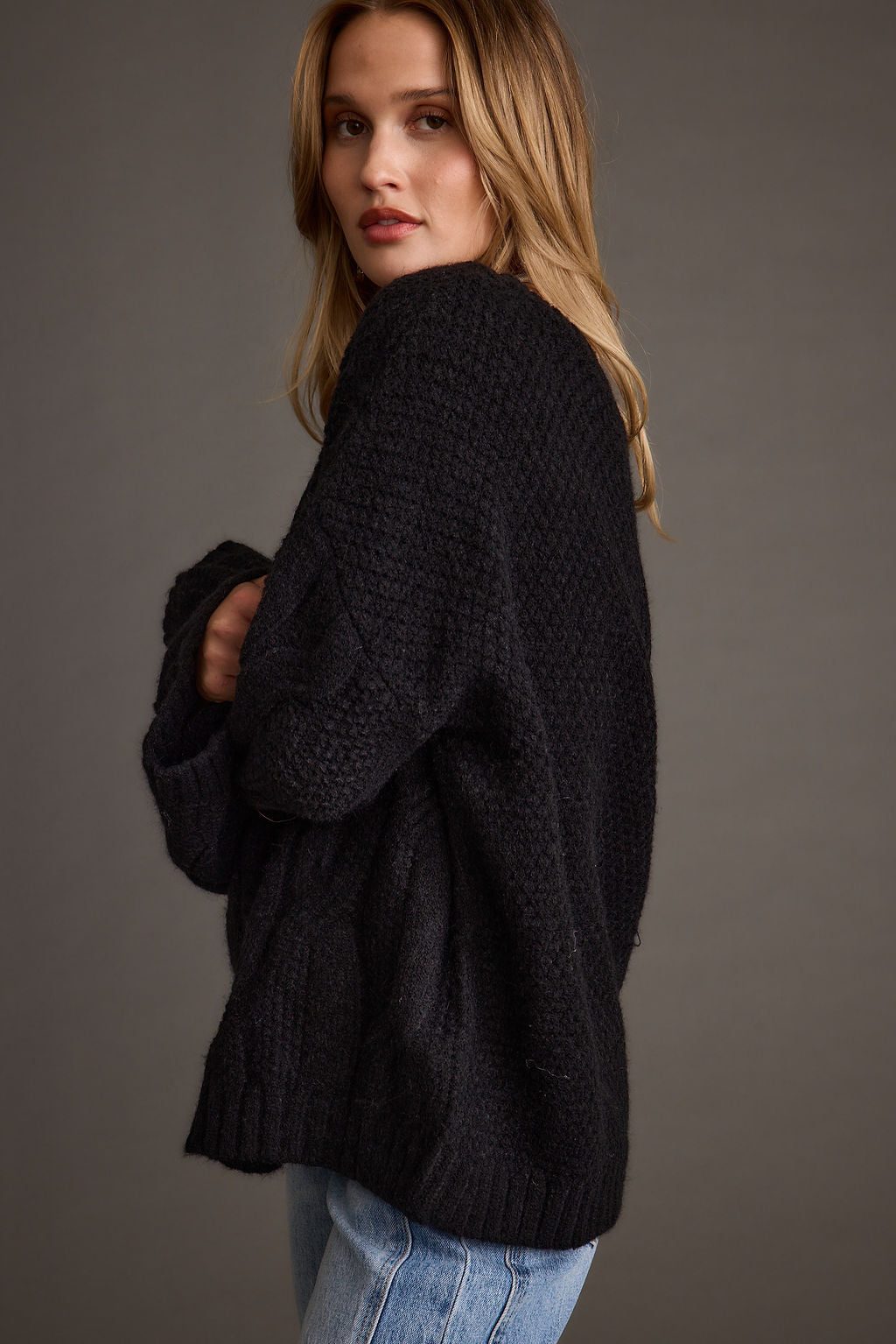 Tavern Black Off the Shoulder Cable Knit Sweater