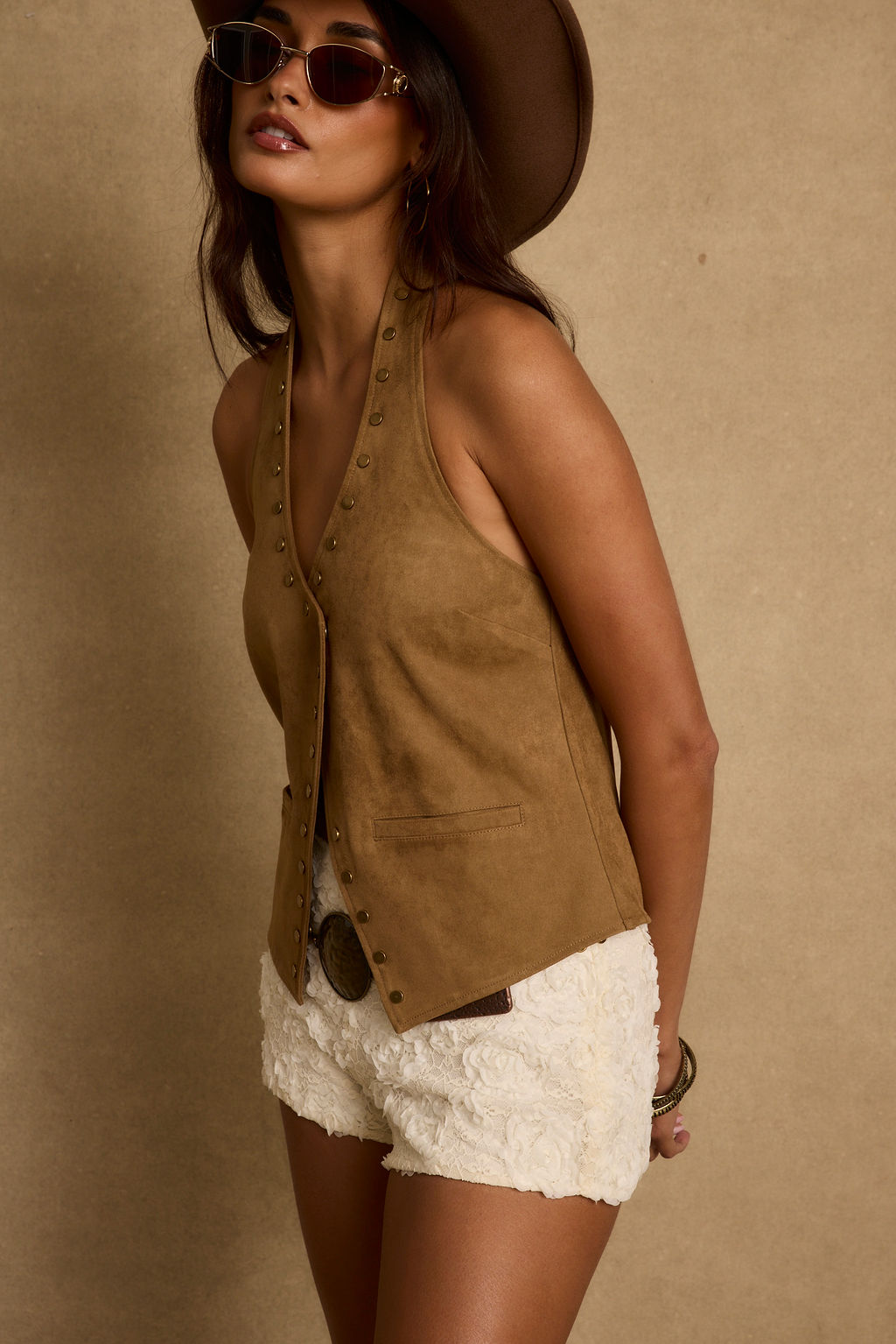 Thatcher Camel Suede Studded Top
