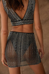 Violet Black Rhinestone Mesh Mini Skirt
