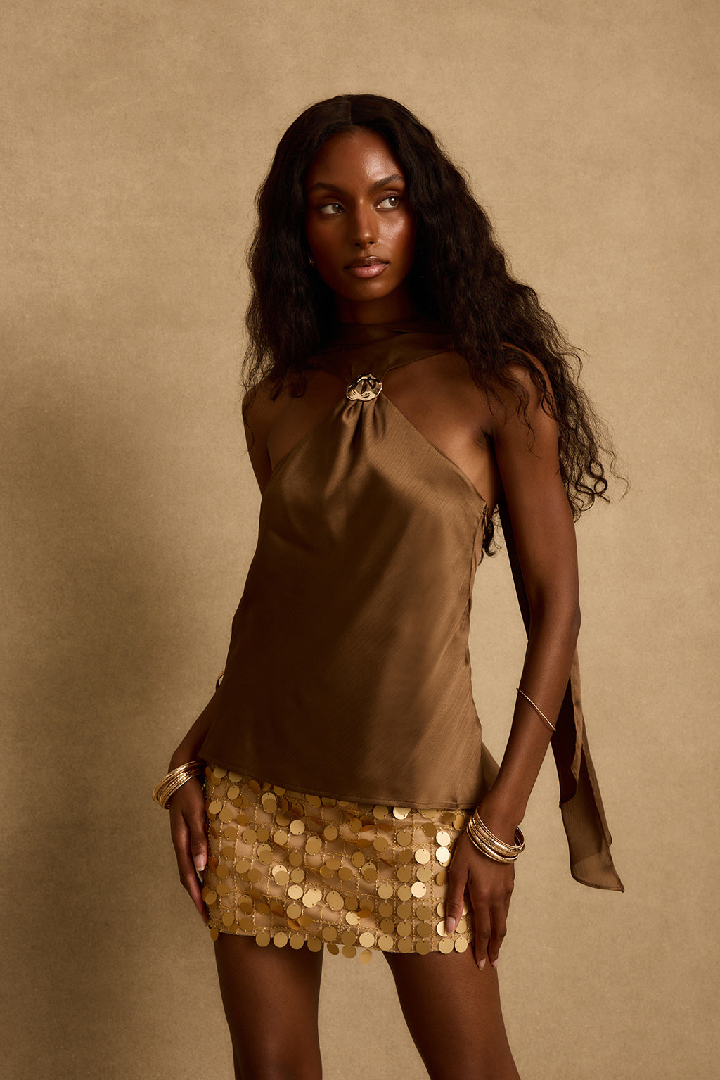 Zuma Bronze Satin Scarf Top